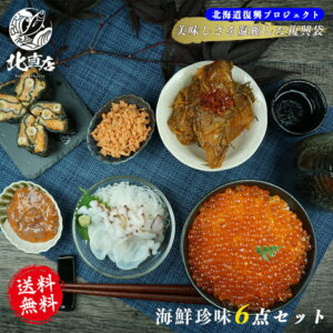 父の日 父の日プレゼント 父ギフト 【北海道セットプロジェクトI】腹袋 6点入 北海道の美味しさをまるごと凝縮した鮭いくら 塩辛 松前数の子 鮭フレーク タコ刺し 鮭重ね巻 　福袋　 　お得　福袋 北海道海鮮 高品質 海鮮専門店